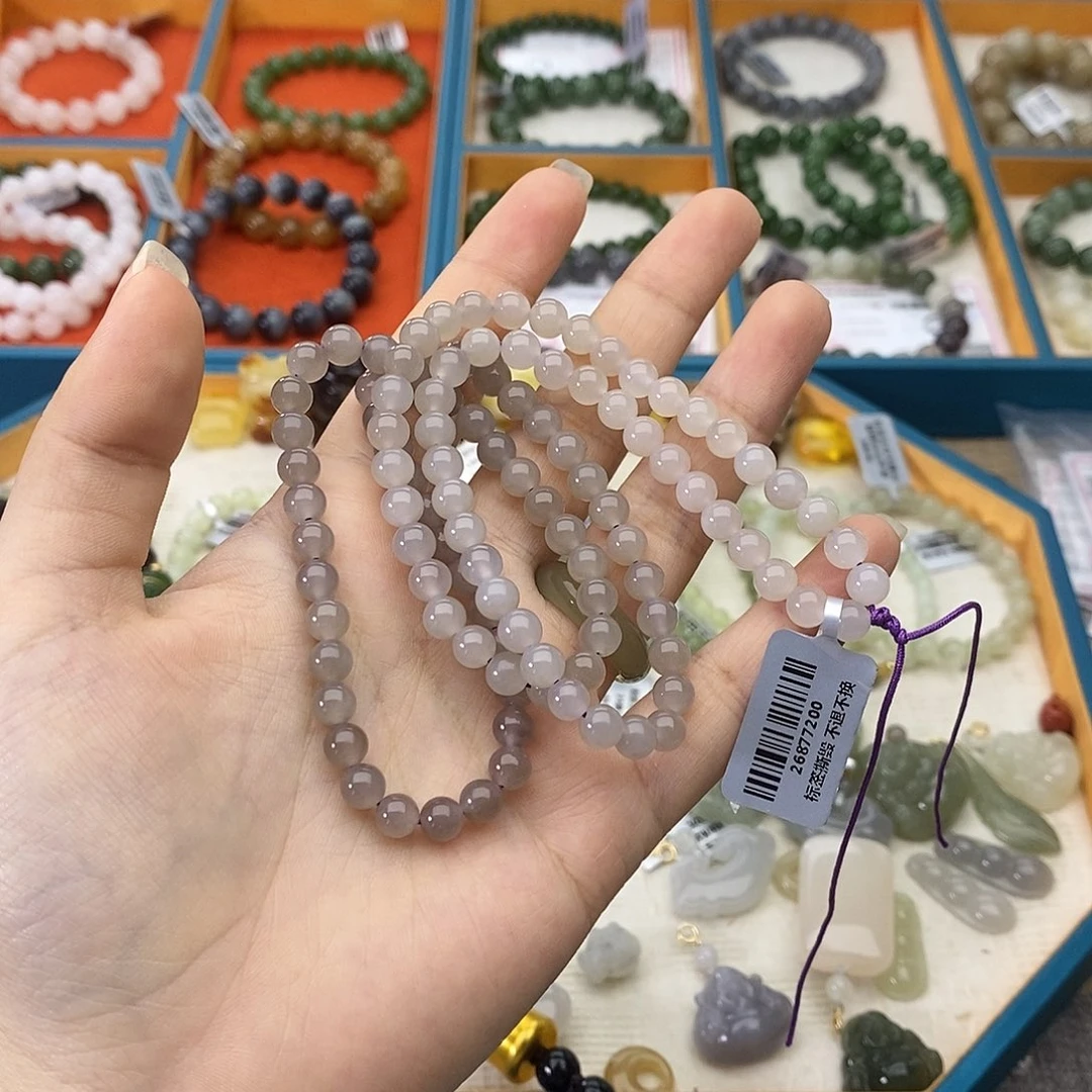 和田玉未镶嵌手链w32冰烟紫6mm108