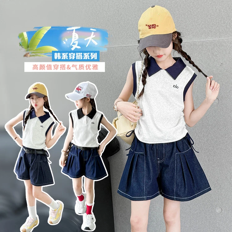 女童网红套装夏季新款中大童POLO衫牛仔短裤两件套儿童洋气4-15岁