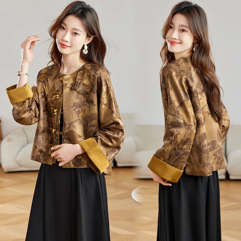 春装大码微胖mm新中式国风外套提新款圆领铜扣带里布上衣