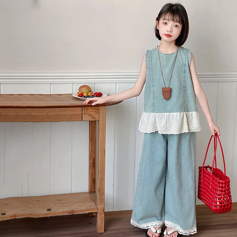 女童夏装牛仔套装2025新款洋气儿童夏季无袖上衣阔腿裤女孩两件套