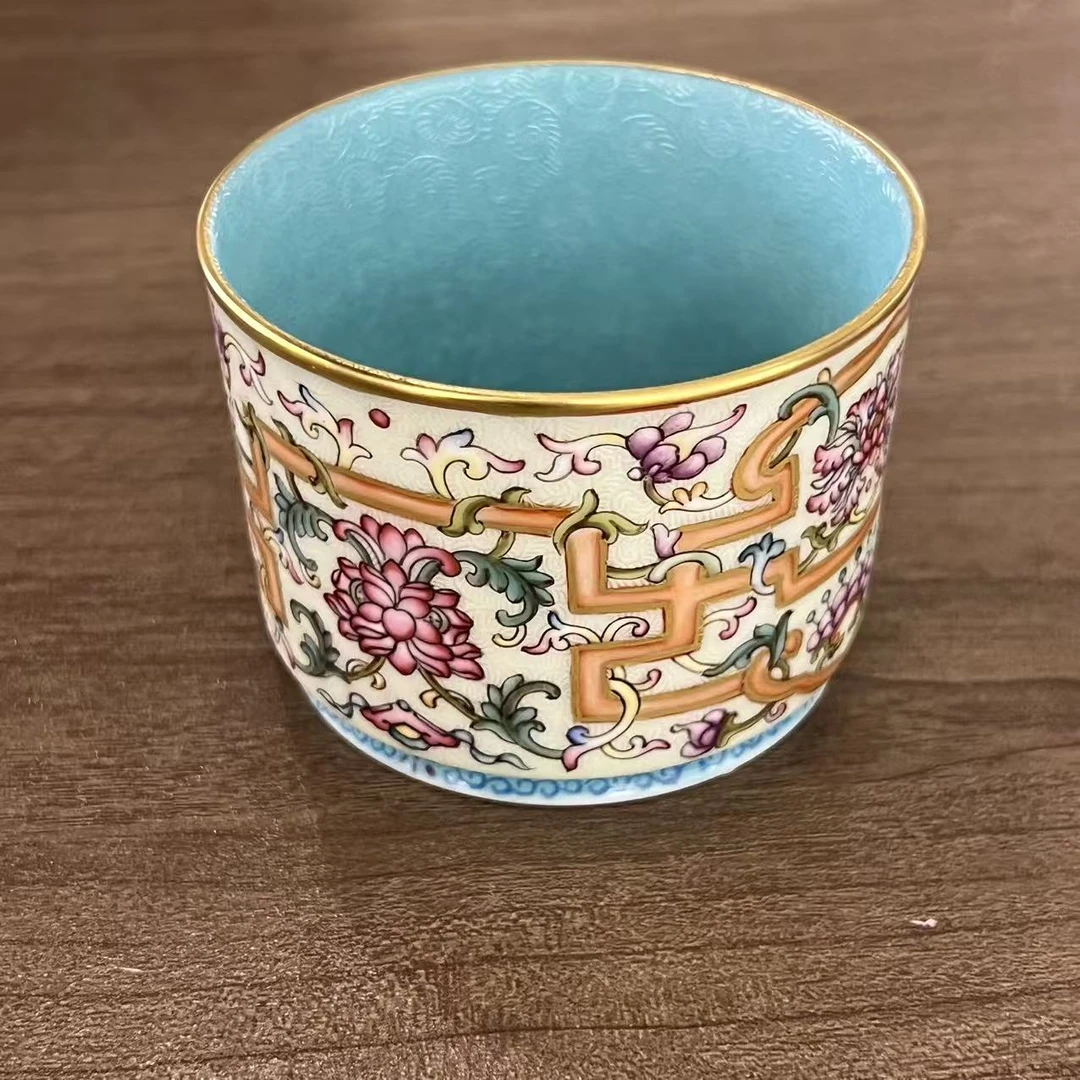 【古法柴窑】古窑御器扒花粉彩万寿连延竹节杯
