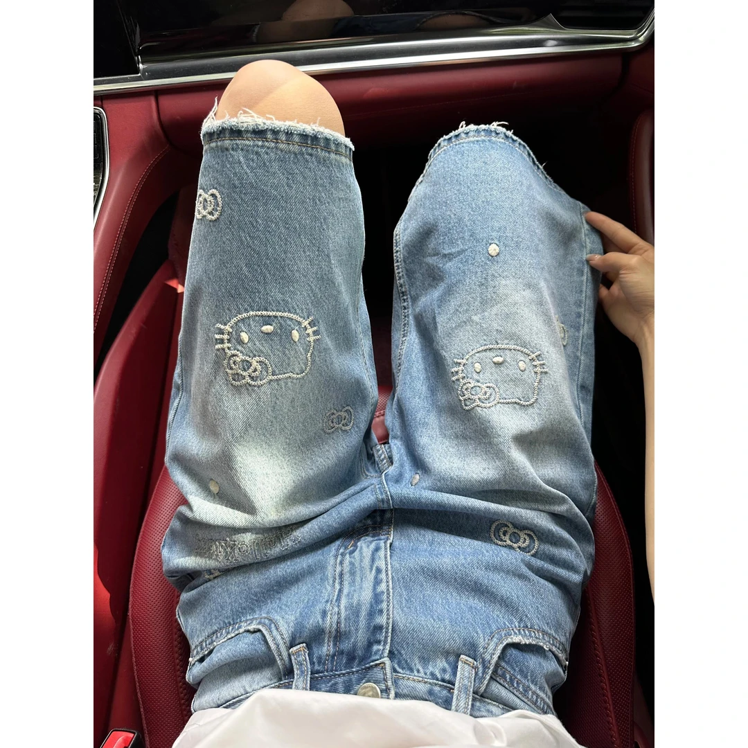 复古水洗高腰阔腿七分牛仔裤女夏季新款美式卡通KT猫印花直筒中裤