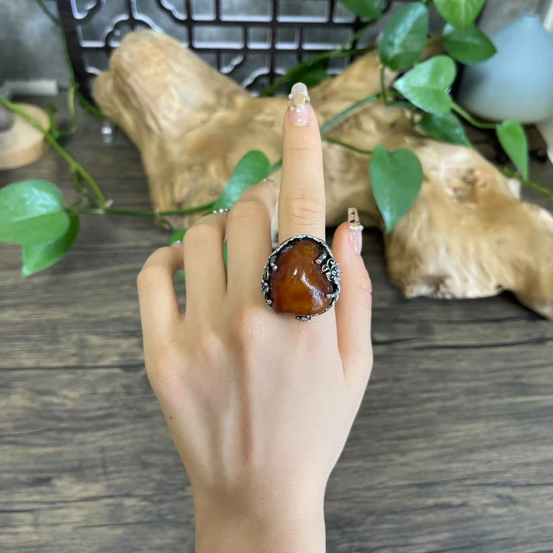 LYliuyng海漂原石琥珀蜜蜡纯手工银镶嵌不规则戒指原皮蜜蜡银戒指