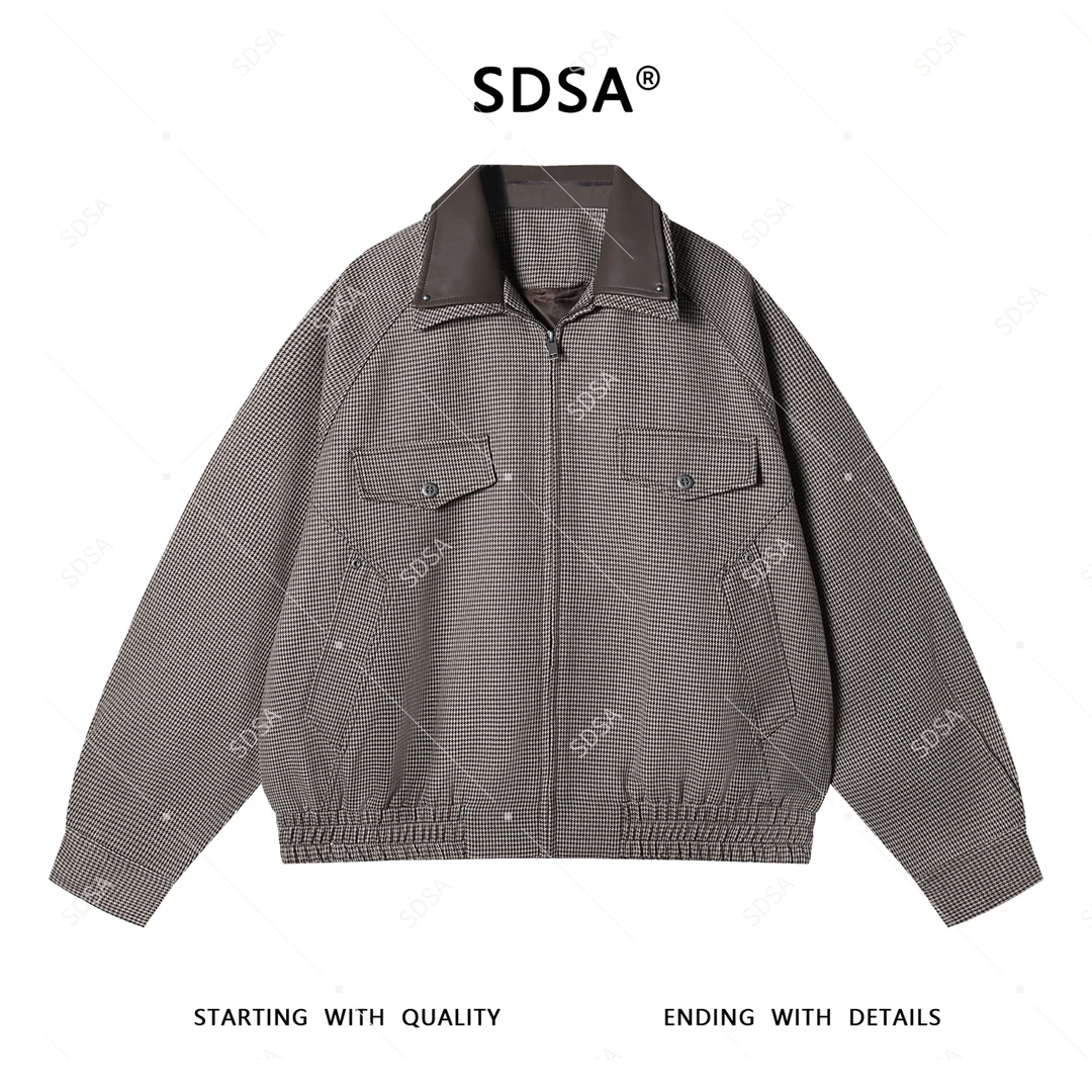 SDSA夏季新款男士痞帅美式复古拼接撞色翻领夹克小众千鸟格外套潮