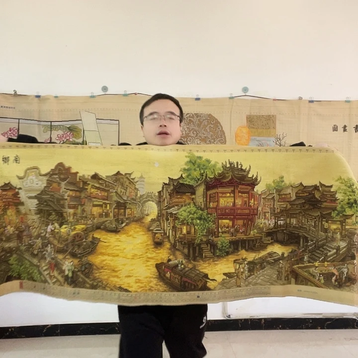 棉手工十字绣成品南乡旧梦全景古绢布两米三