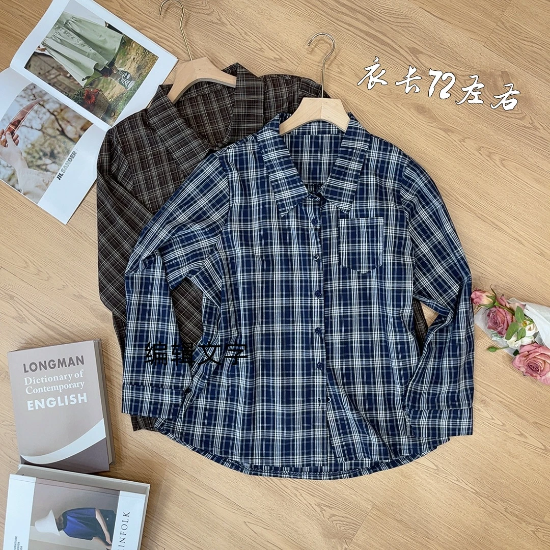 学院风复古宽松型松弛感格子长袖衬衫上衣