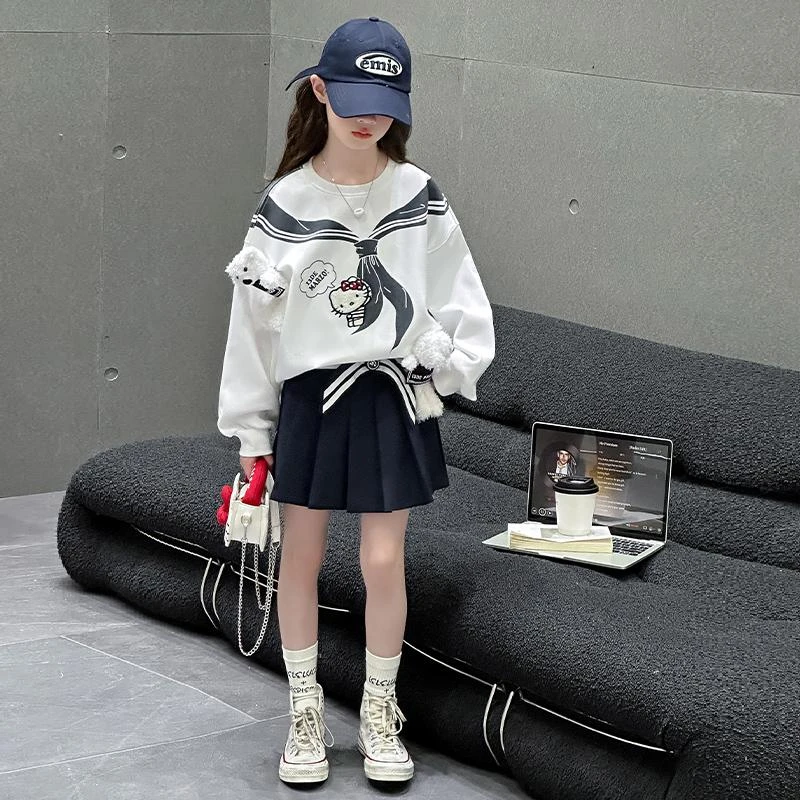 女童学院风套装春秋款2025新款中大童洋气春装长袖衫百褶裙两件套