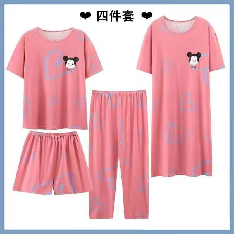 【四件套】薄款睡衣套装女短袖睡裙夏天宽松大码休闲卡通学生家居服