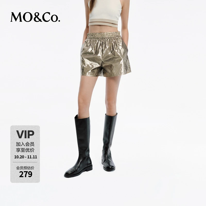 MOCO春摇滚松紧高腰镜面金属光感短裤休闲裤MBD1SOT008