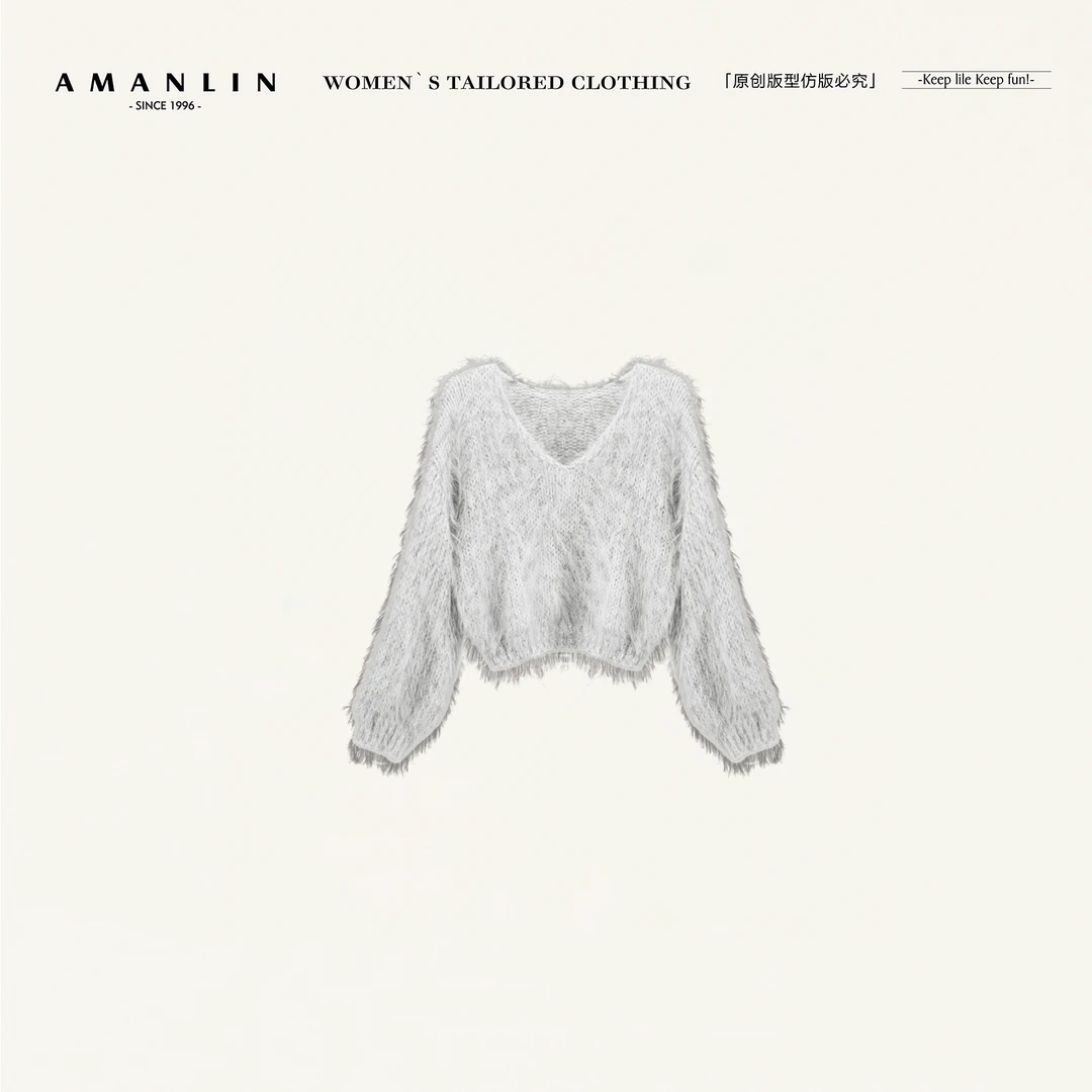 AMANLIN/阿谩琳琥珀流光慵懒风灰色短款休闲洋气软糯上衣Y601621