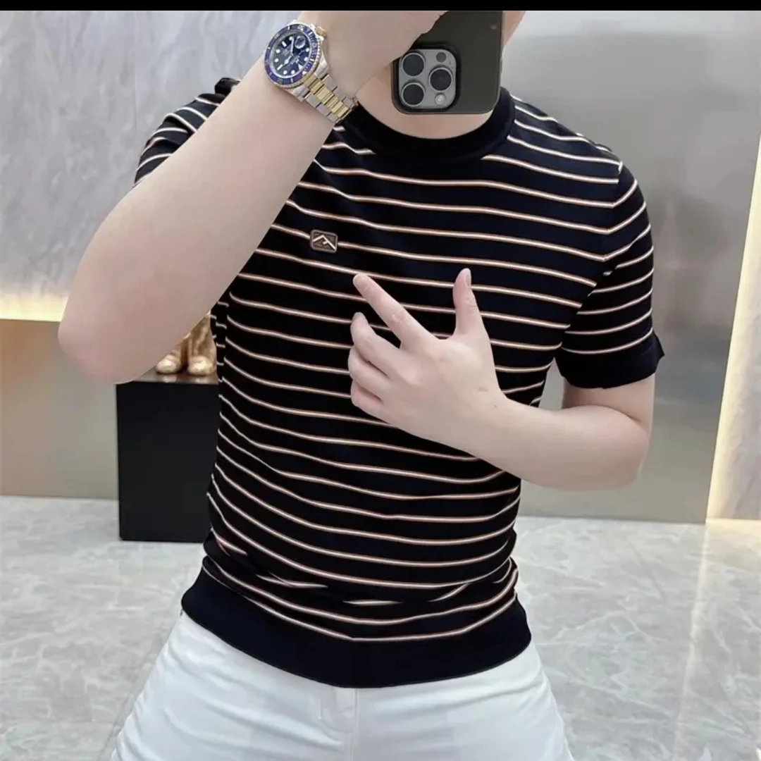 夏季男士新款针条纹织欧版百搭短袖时尚潮流潮流