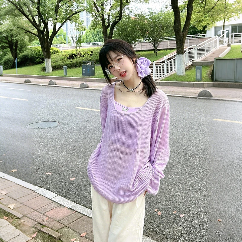 特大码女装胖mm纯欲风镂空罩衫吊带两件套女宽松显瘦长袖防晒上衣
