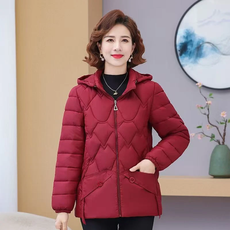 【羽】百搭女士新款拉链款妈妈减龄纯色保暖连帽棉服