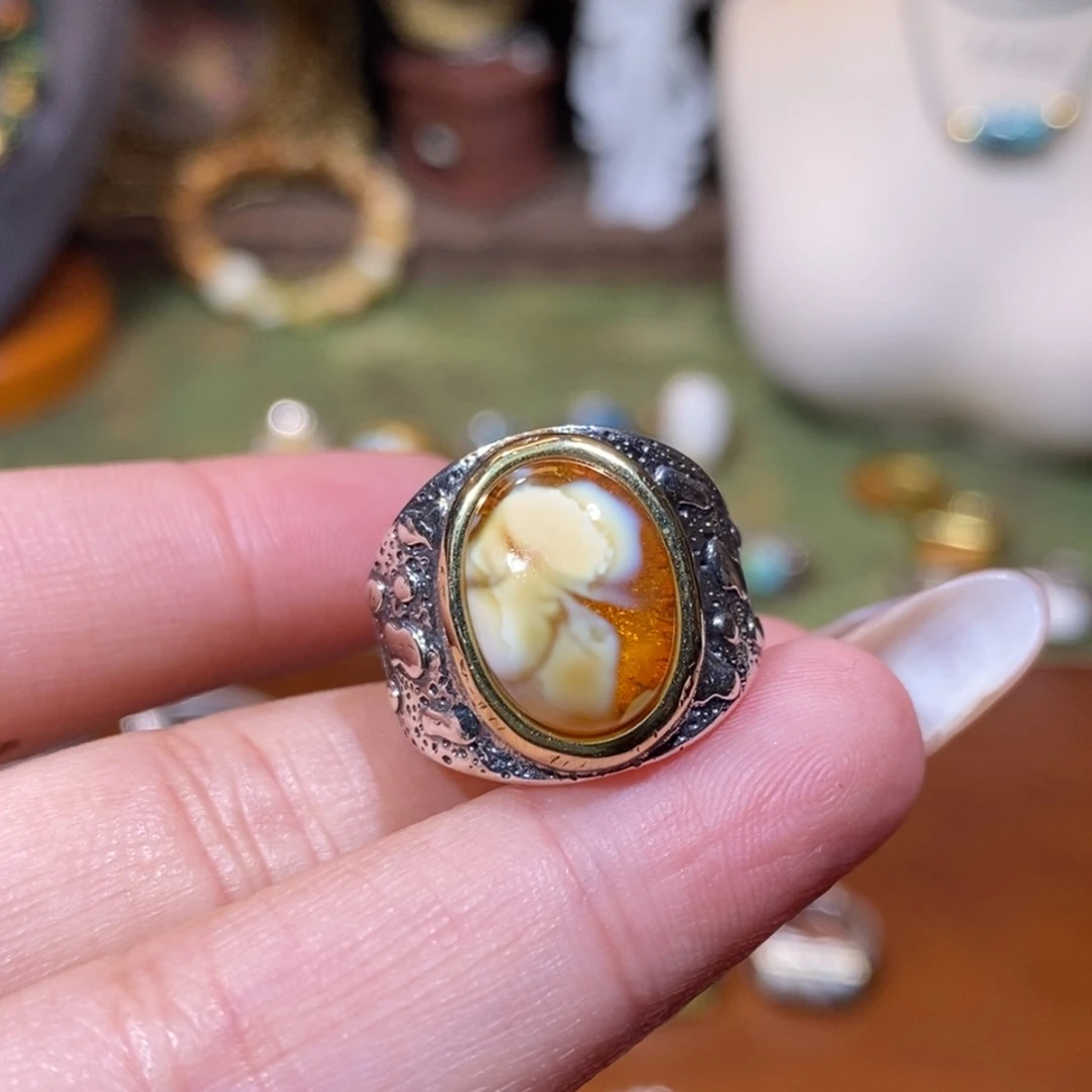 琥珀戒指银S925镶嵌换**字戒指