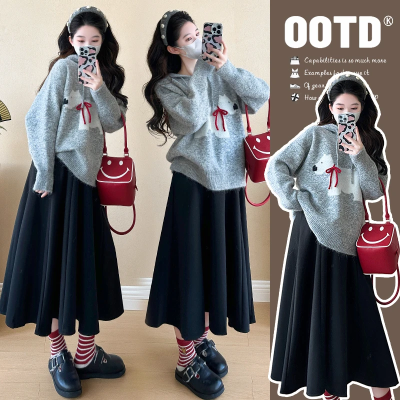 孕妇装秋冬装套装卡通韩版针织毛衣上衣+托腹半身裙秋季两件套