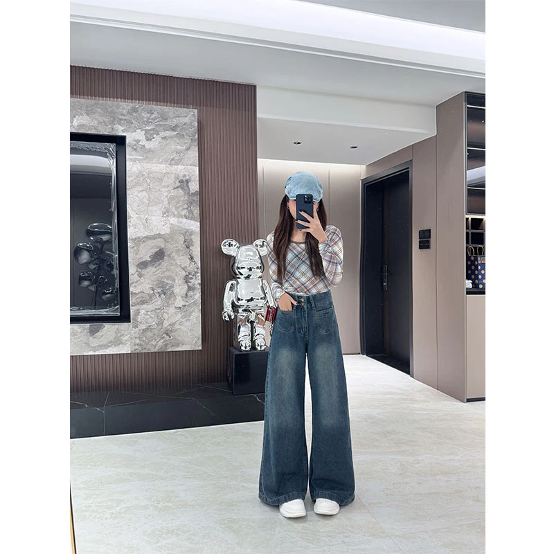 美式复古阔腿牛仔裤女2025新款早秋高腰宽松显瘦拖地直筒裤