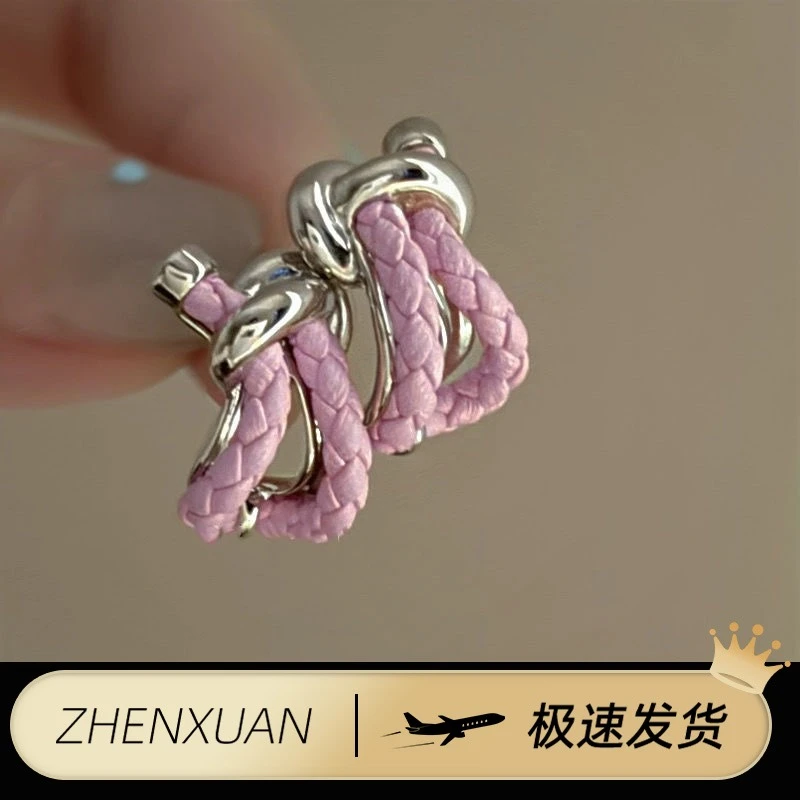 小众设计感法式复古皮质麻花打结耳环金属轻奢高级气质耳钉耳饰女