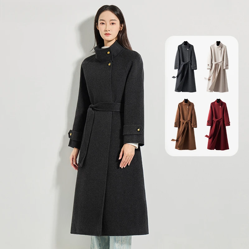 高端立领双面羊毛大衣女中长款冬季新款设计感澳洲羊毛外套轻职风