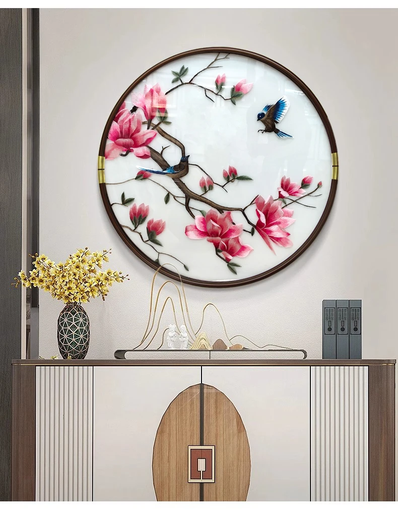 新中式圆形刺绣画玄关画餐厅画书房挂画茶室挂画