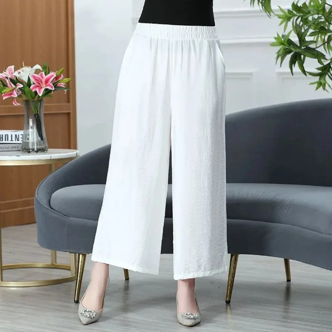 中年妈妈夏季棉麻宽松高腰九分阔腿休闲长裤气质大码连衣裙裤子