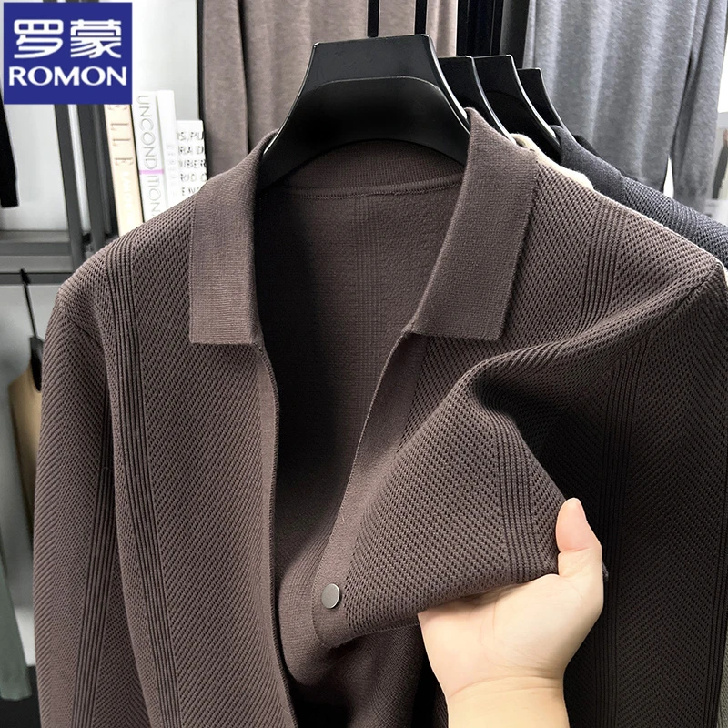 罗蒙新款时尚翻领宽松针织开衫男装春秋季男士高档休闲毛衣外套潮