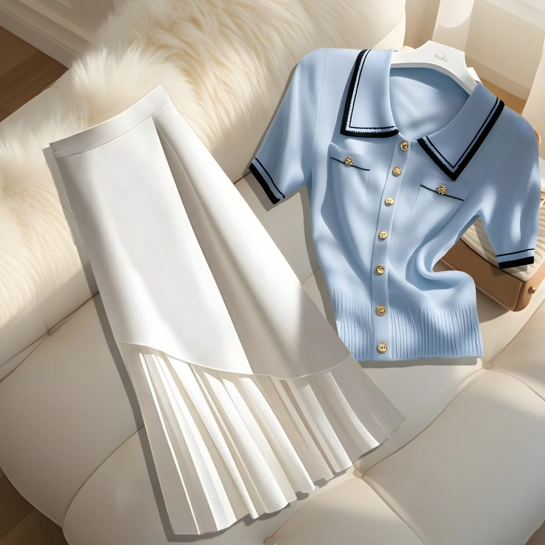 今年夏季爆款浅蓝色高级感针织t恤上衣时尚百搭精致半身长裙套装