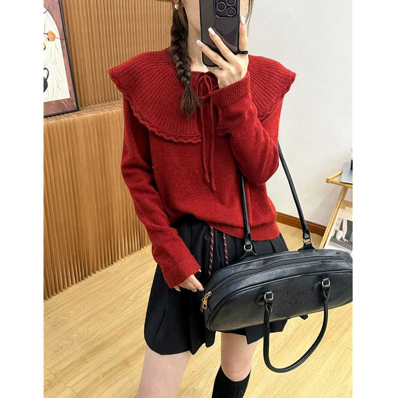 时尚娃娃领蝴蝶结系带红色针织衫女春秋冬款小众时尚百搭减龄毛衣
