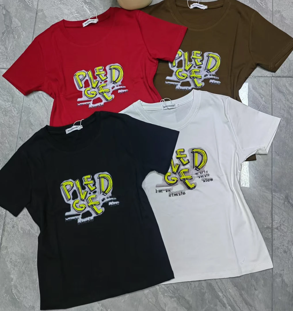 新款时尚百搭短袖T恤女圆领印花上衣春季2002