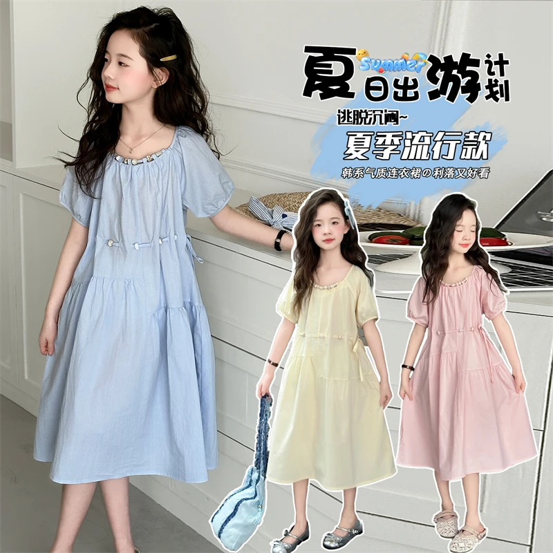 女童泡泡袖收腰连衣裙夏季新款时尚洋气好看中大童女孩甜美裙子