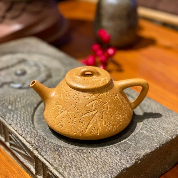 宜兴紫砂壶子冶石瓢壶200cc原矿黄金段泥摹古风刻竹中国风茶壶