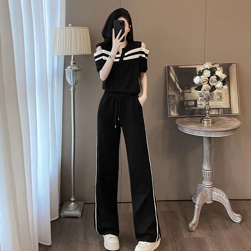 洋气时尚露肩休闲运动女装套装两件套阔腿裤撞色高级感穿搭一整套