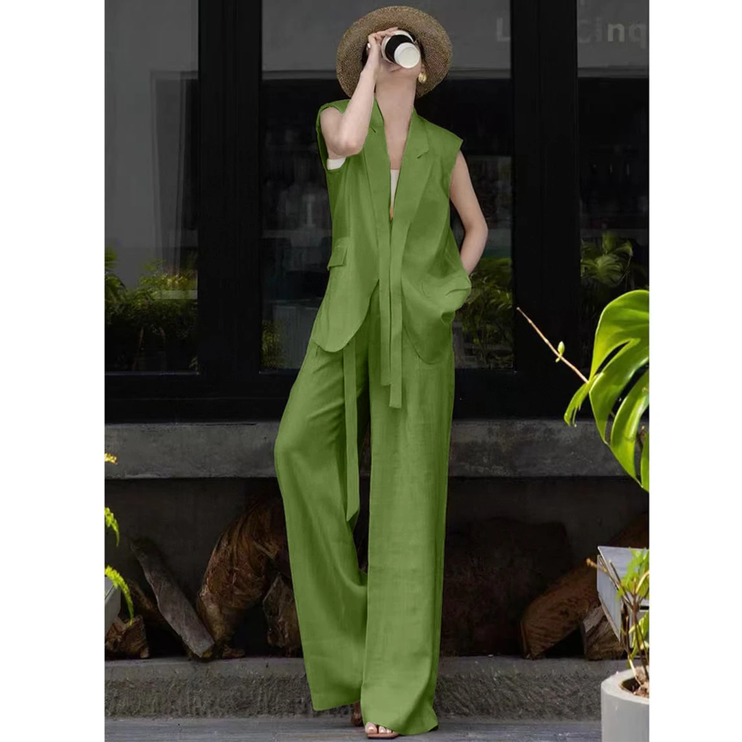 老钱风极简套装夏季新款设计感无袖西装马甲外套阔腿裤气质两件套