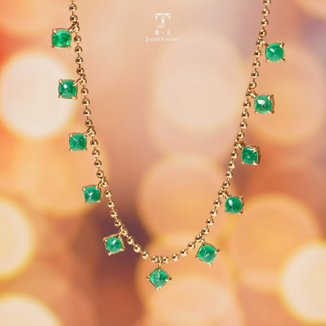 【姣儿珠宝】18K金1.67ct哥伦比亚糖塔满天星祖母绿项链时尚百搭