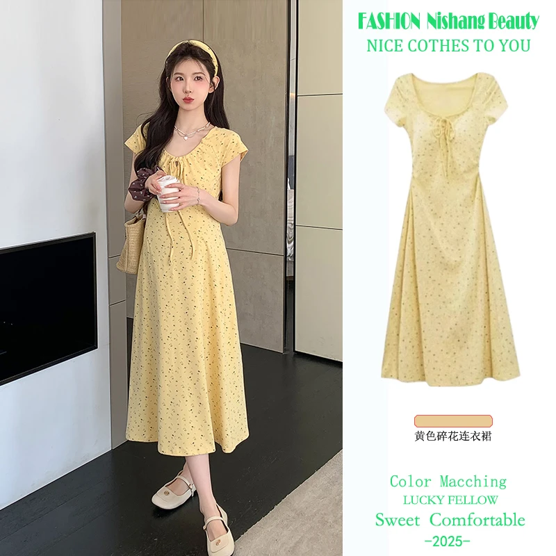 孕妇装夏季法式新款纯欲风甜美修身显瘦气质中长款黄色碎花连衣裙