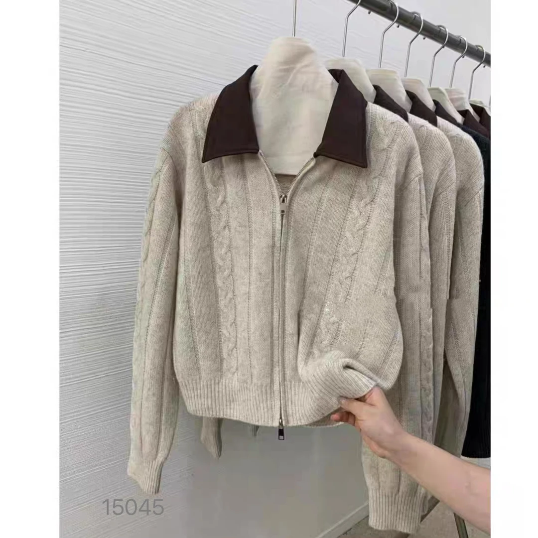 15045（部分无水洗唛，介意慎拍）WANGDAN翻领麻花条针织开衫