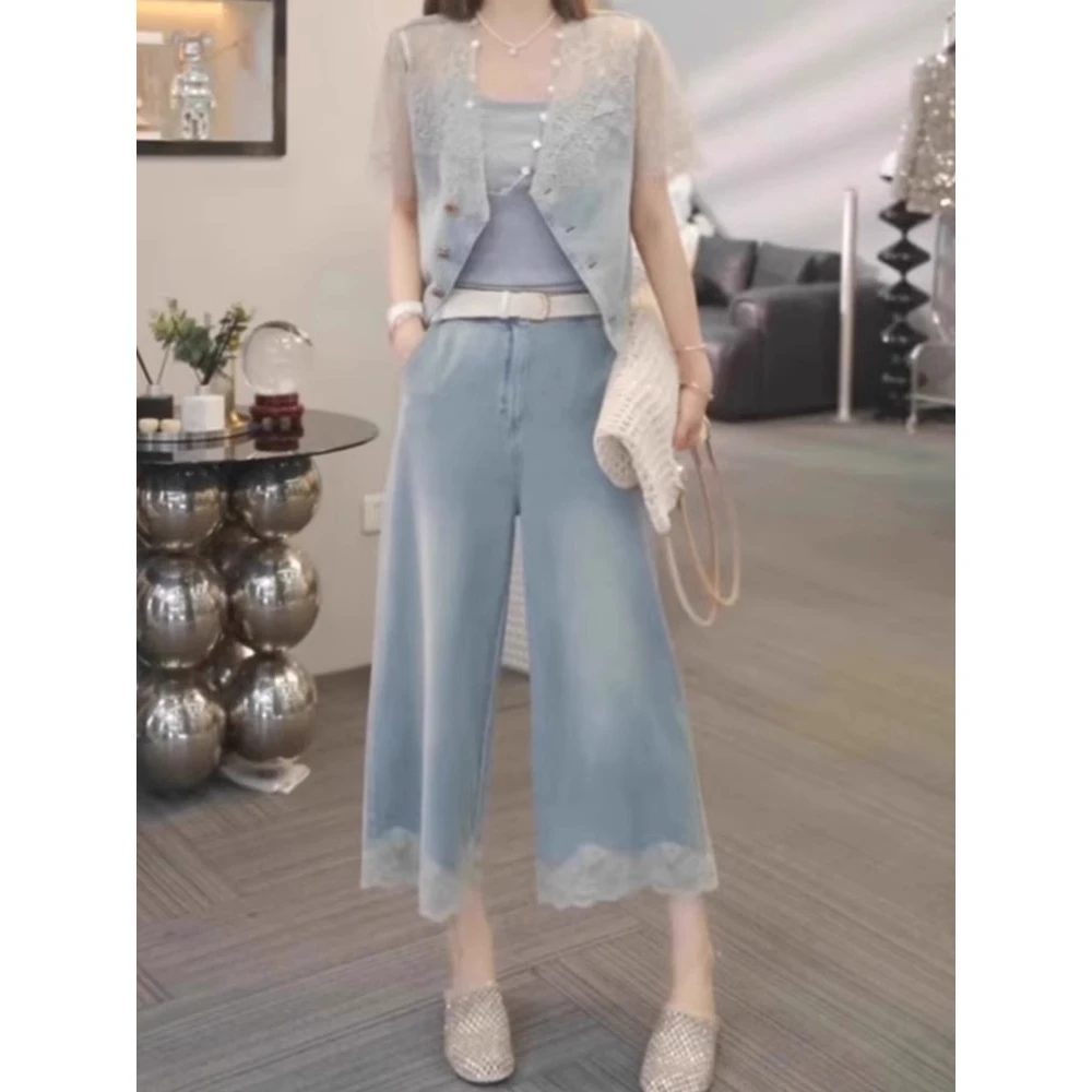 【小曹大码】八分蕾丝花边牛仔裤女夏薄款宽松直筒阔腿裤-FYQ30031