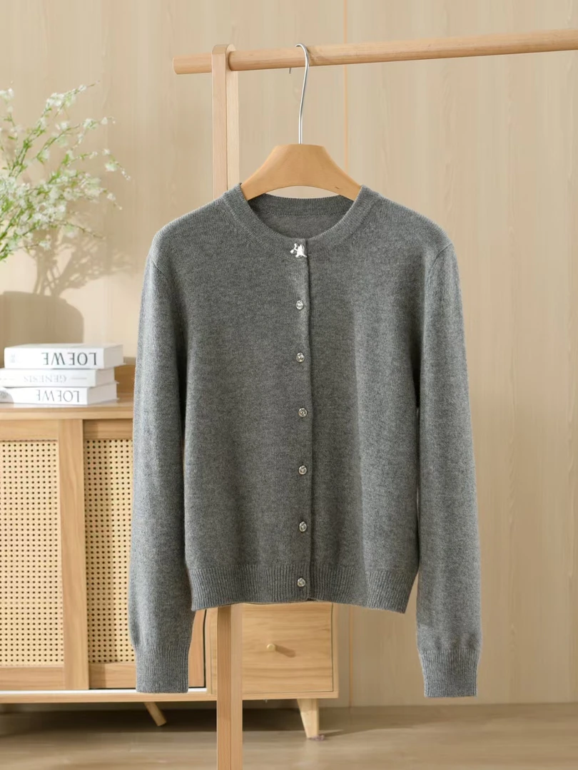 原产地鄂尔多斯市女款羊绒衫圆领开衫100山羊绒两股纱加厚款