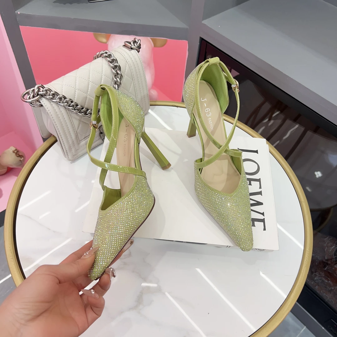 性感尖头高跟鞋细跟交叉带水钻时尚百搭宴会鞋2025新款07182-59