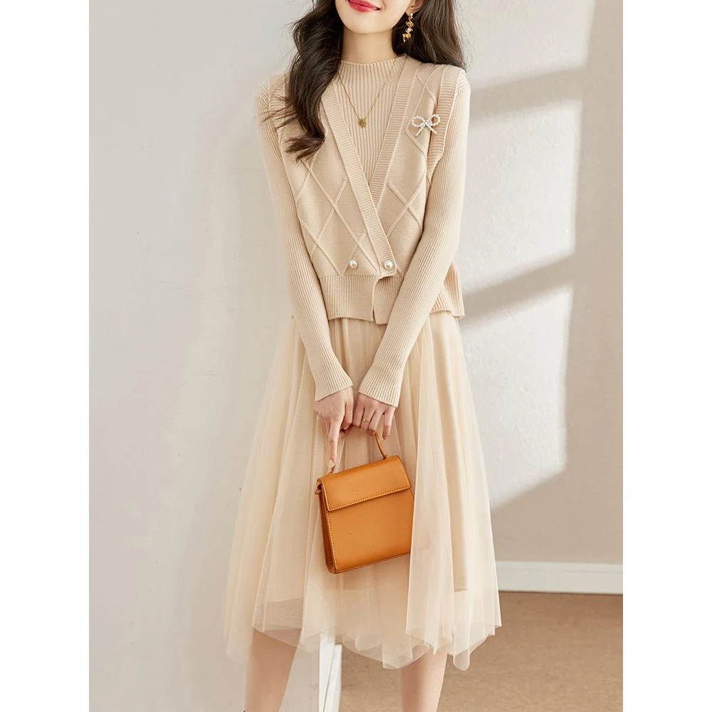 DUCURNO小香风气质套装女秋冬新款V领针织马甲网纱连衣裙两件套潮