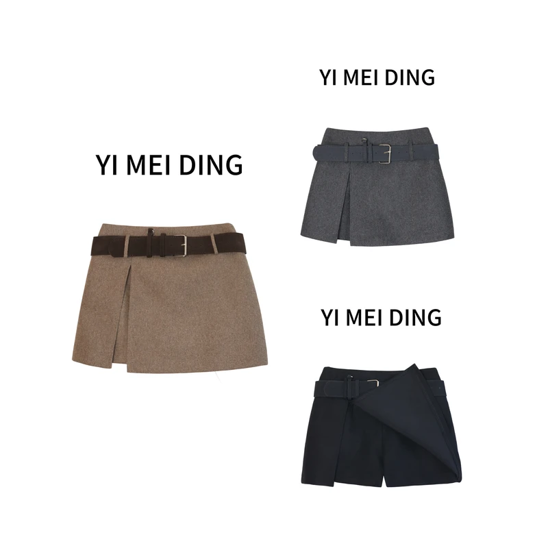 QZ43【依美丁】显瘦腰带开叉设计百搭羊毛呢中腰半裙裤