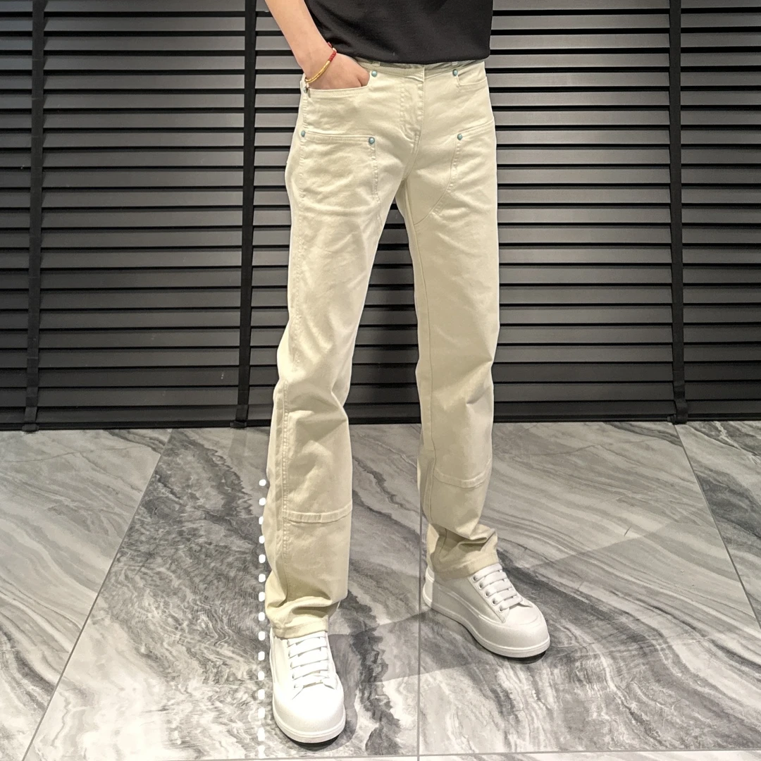 高奢一博同款绿松石拼接元素微阔直筒牛仔裤