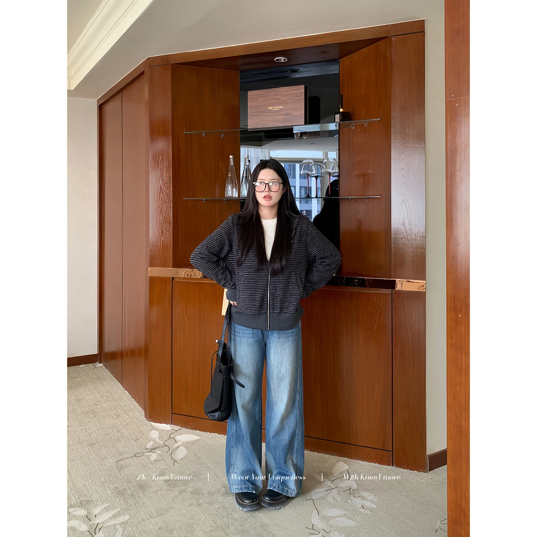 知葵微胖定制【修容牛仔】早秋百搭显瘦猫须直筒牛仔裤12253N2750