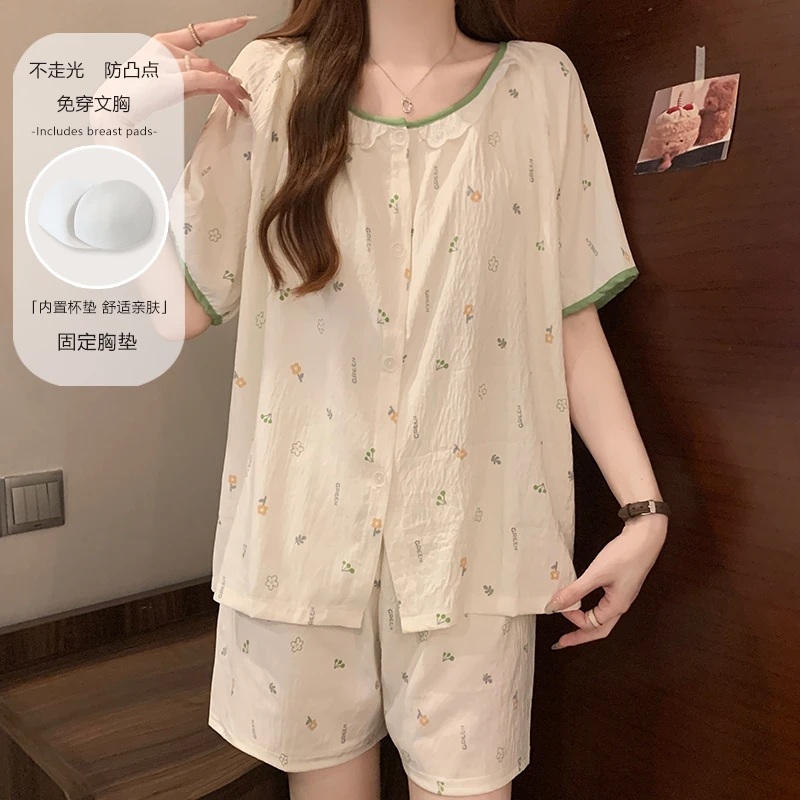 夏季新款睡衣女云朵棉蕾丝圆领开衫短袖短裤固定胸垫家居服套装
