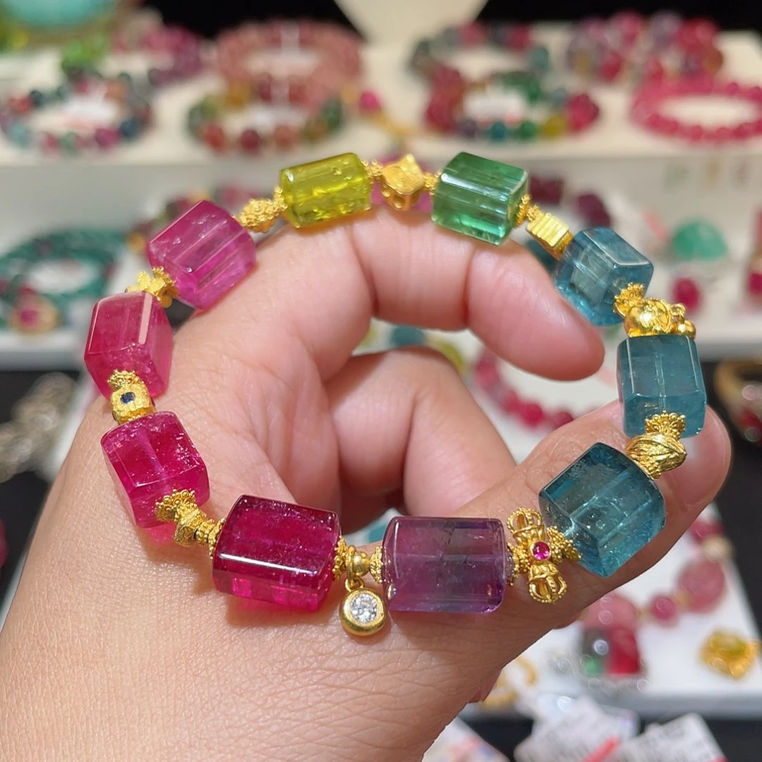 碧玺手链18K金镶嵌 色标 方糖8.5-9+mm