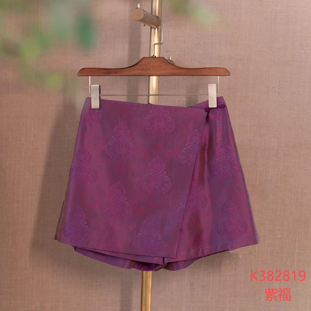【锦系】真丝新中式国风桑蚕丝后松紧腰螺钿工艺短裤K-382819