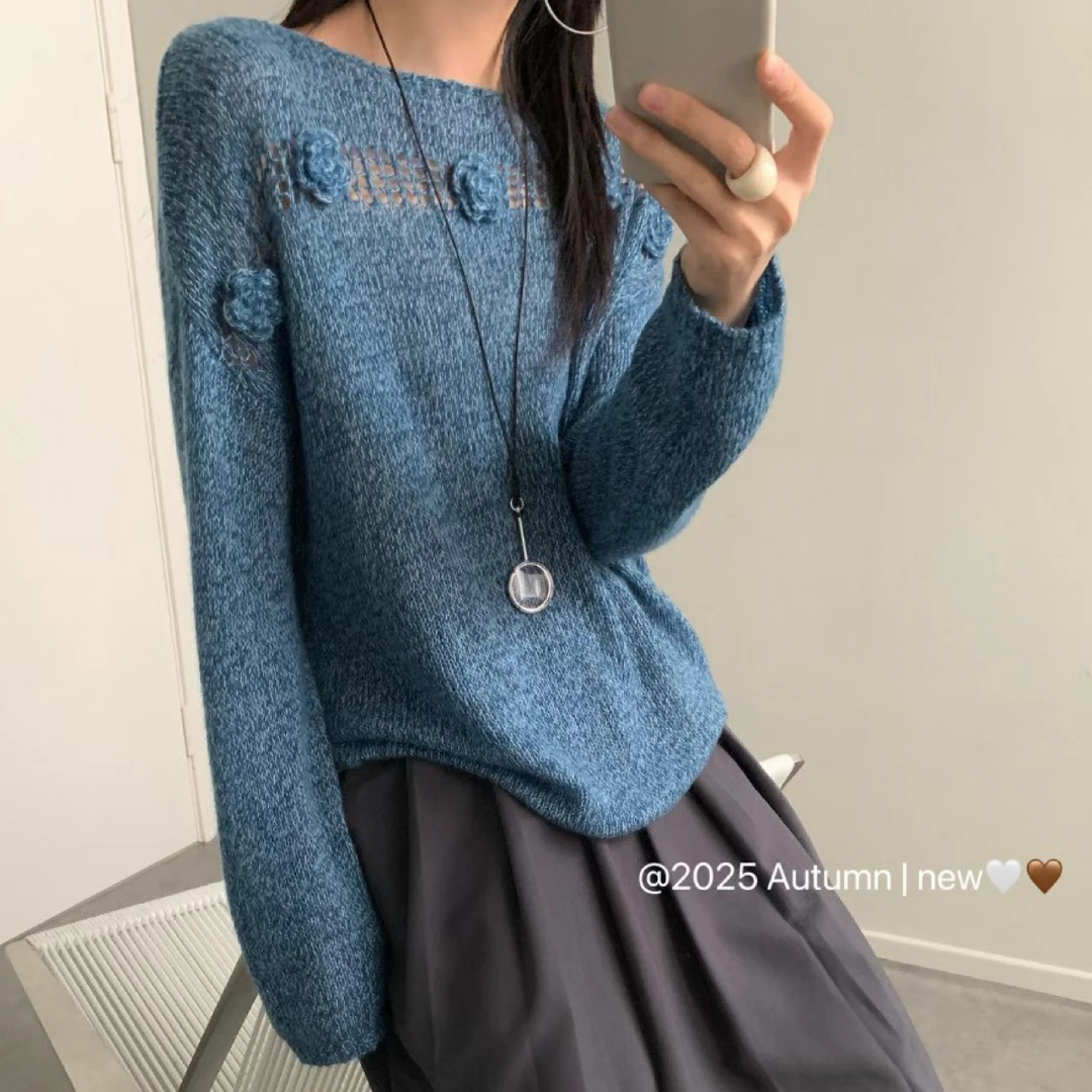 镂空慵懒风针织常规纯色毛针织衫毛衣高领百搭时尚