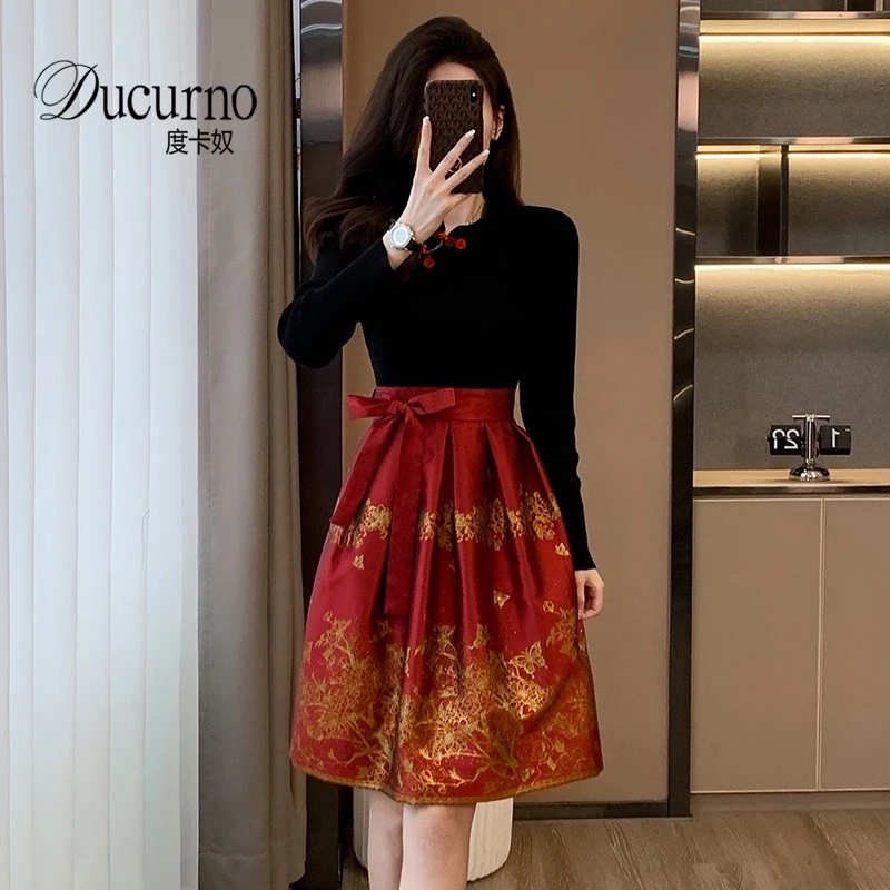 新中式中国风改良旗袍连衣裙女2025秋季新款气质收腰显瘦红色裙子