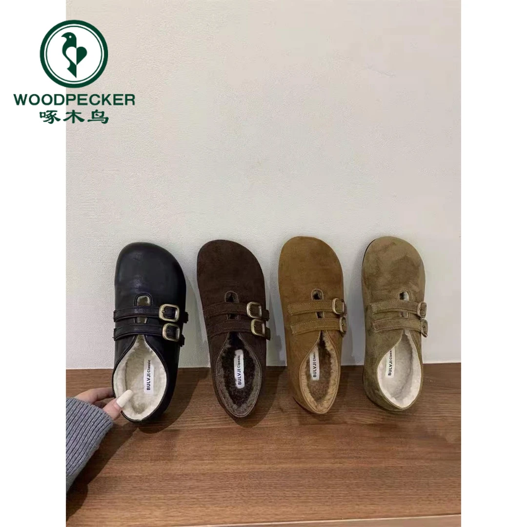 啄木鸟丑萌加绒勃肯鞋女乐福鞋2025年秋冬森鞋圆头保暖豆豆鞋瓢鞋