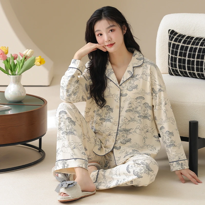 女士春秋纯棉长袖长裤睡衣家居服套装透气舒适简约休闲韩版可外穿