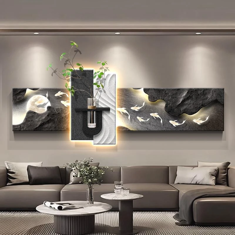 现代轻奢客厅装饰画意式极简沙发背景墙挂画高级感九鱼图横款壁画